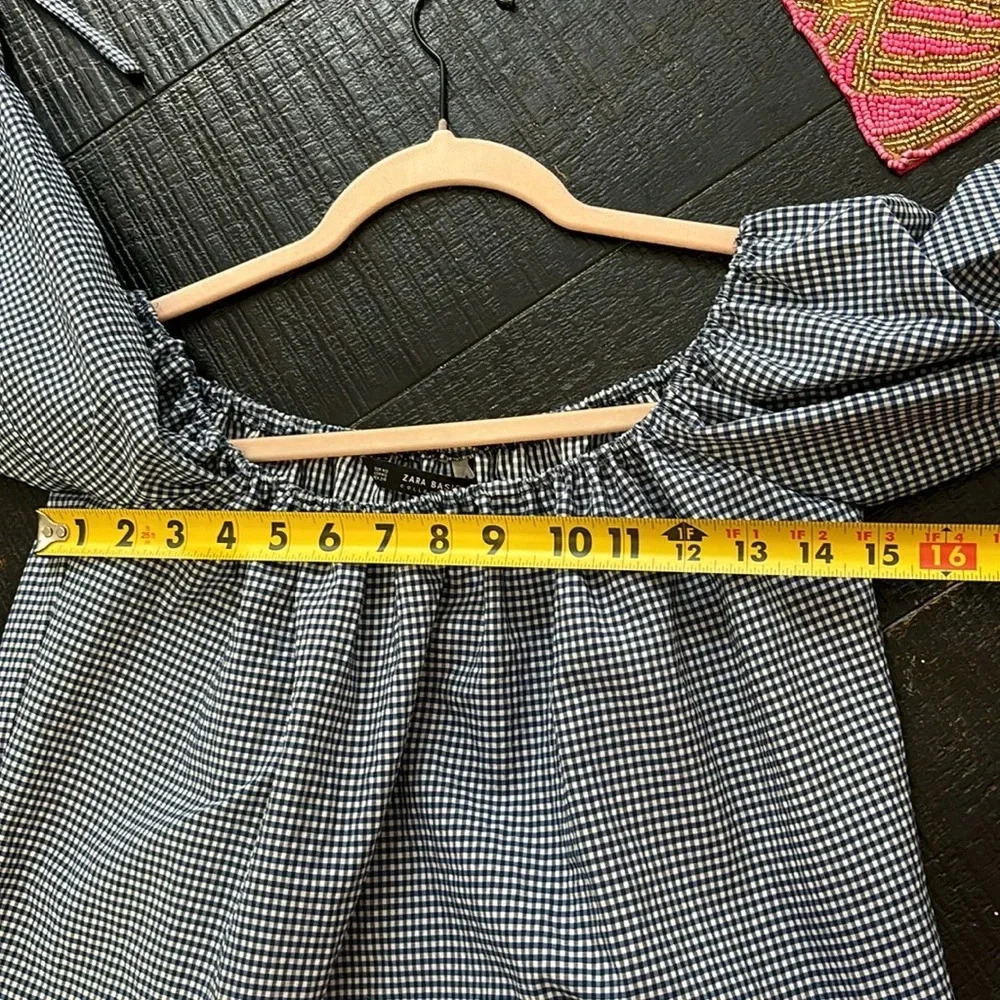 Zara Gingham Checkered Blue White Off Shoulder Cropped Top Tie Sleeves size XS - Picture 7 of 10